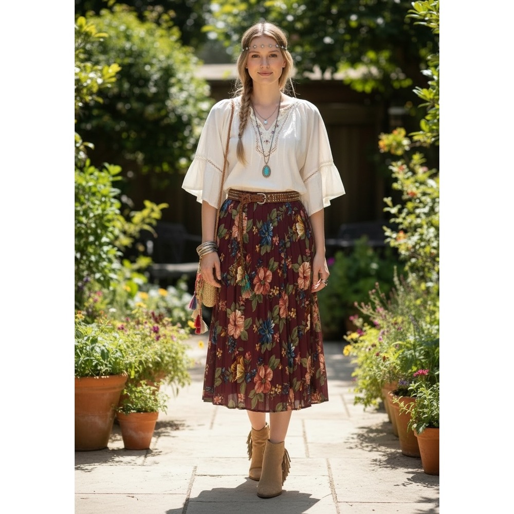 Alfred Dunner Bohemian Floral Pleated Midi Skirt Burgundy Boho Cottagecore Women